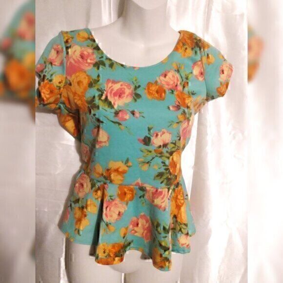 Green Floral Peplum Open Back Knot Short Sleeve Top Shirt M - Picture 1 of 2